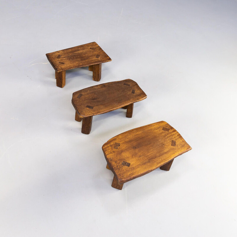 Set of 3 vintage oakwood brutalist side tables