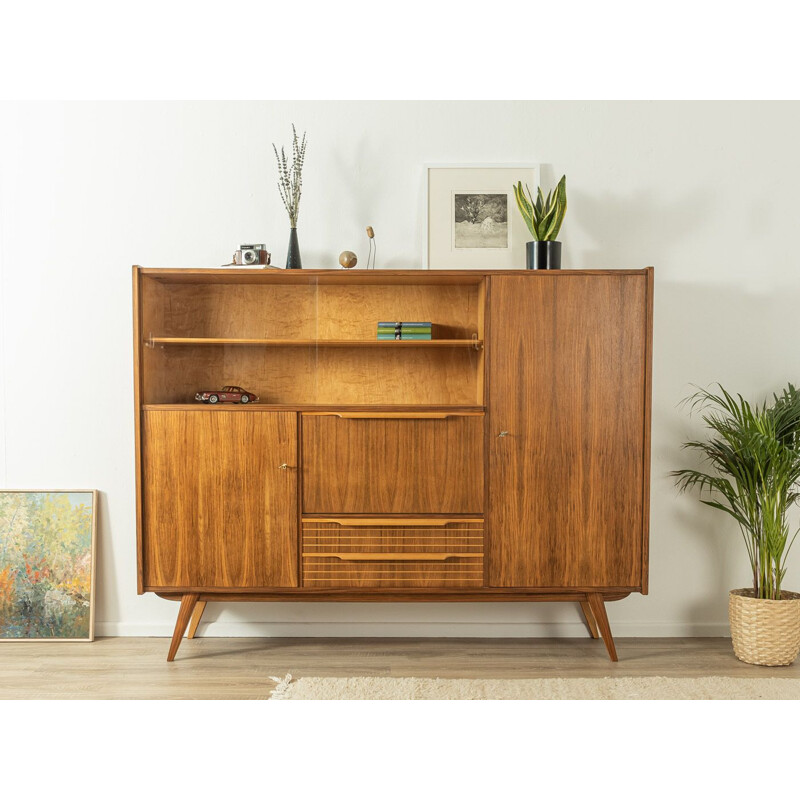 Vintage walnut highboard with two sliding glass doors, Germany 1950s