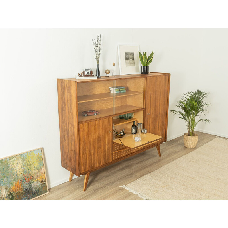 Vintage walnut highboard with two sliding glass doors, Germany 1950s