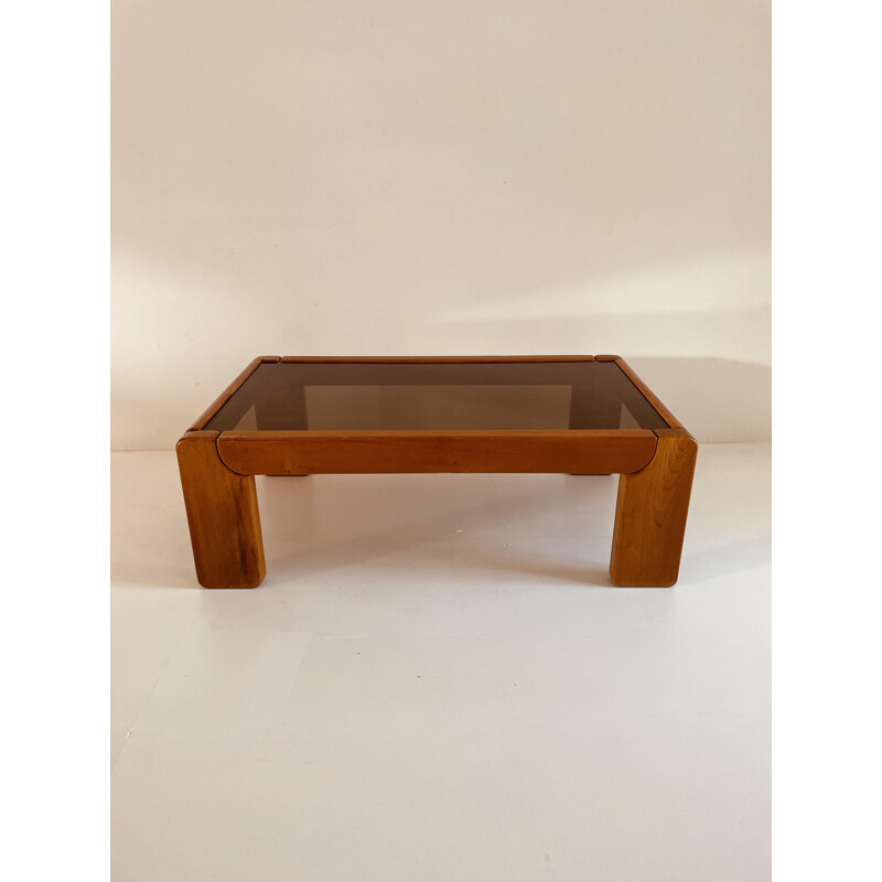 Vintage elmwood and smoked glass coffee table by Maison Regain, 1970