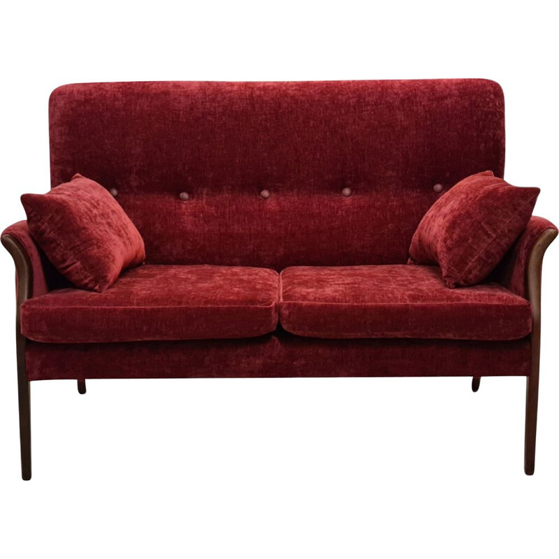 Canapé danois vintage en velours rouge cerise, 1970