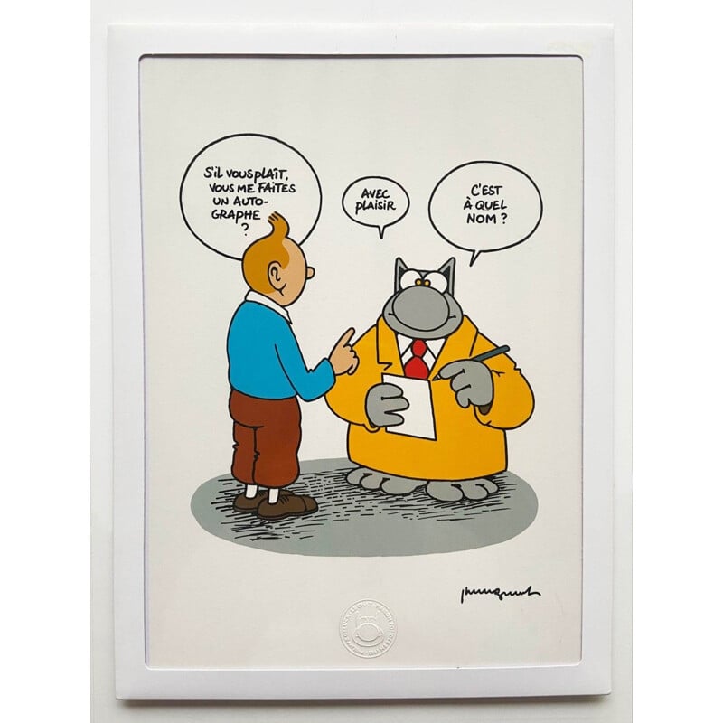 Sérigraphie sur papier vintage "Le chat et Tintin" de Philippe Geluck, 2020