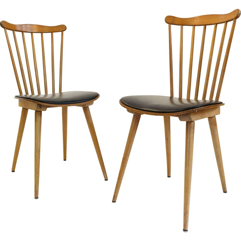 Par de cadeiras em faia vintage e pele preta "Minuet" de Baumann, 1960