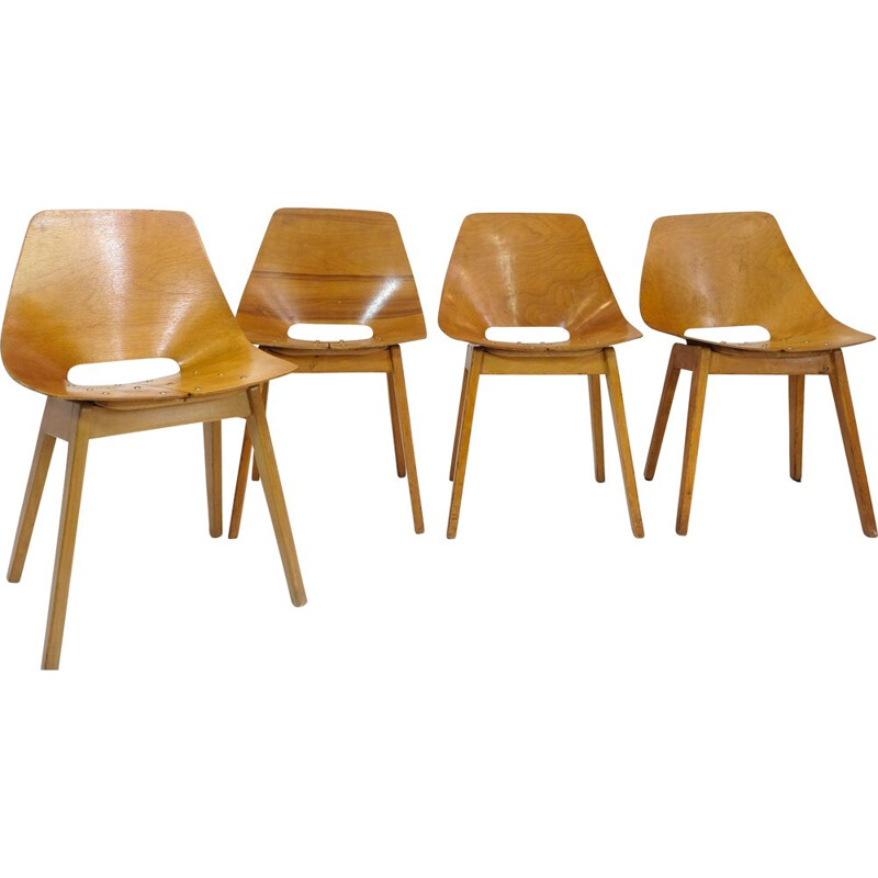 Set of 4 vintage barrel chairs by Pierre Guariche for Steiner, 1950