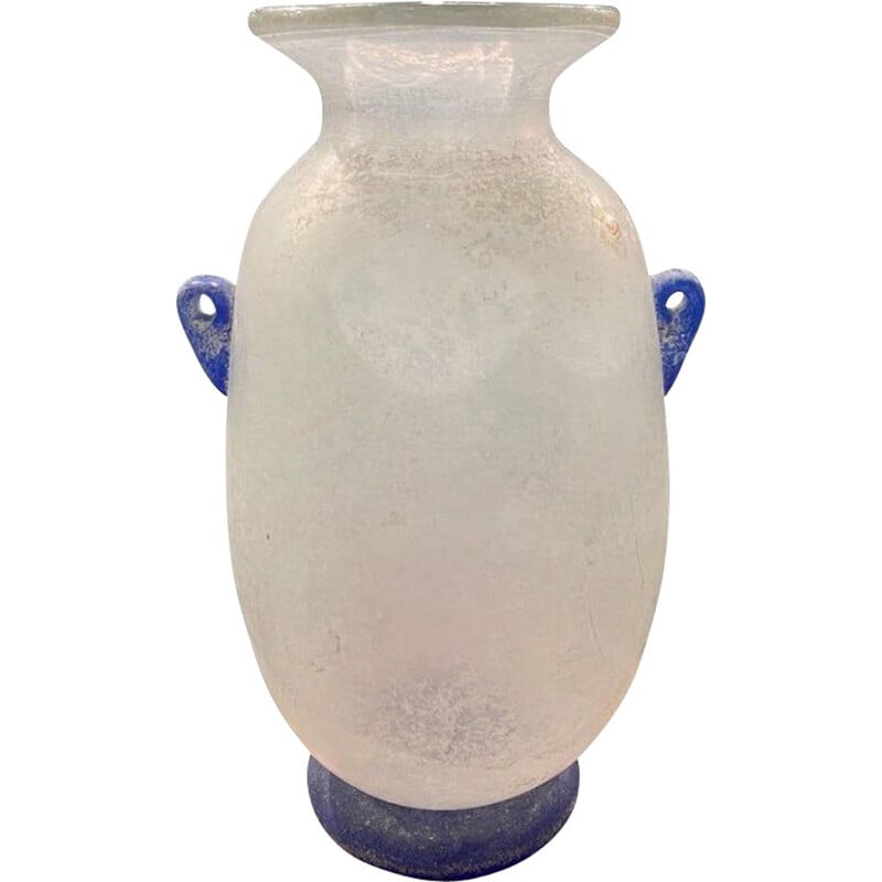 Vase vintage en verre de Murano Scavo blanc et bleu par Cenedese, 1970