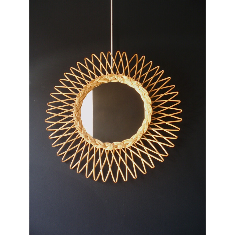 Mid century round rattan mirror - 1950s