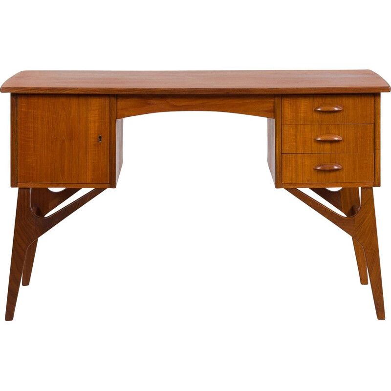 Vintage Deens teakhouten bureau op sculpturaal onderstel, 1960