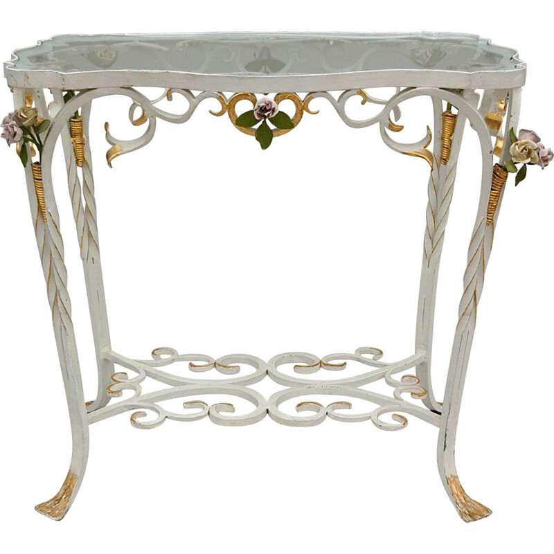 Vintage white metal side table with floral decorations, France 1950s
