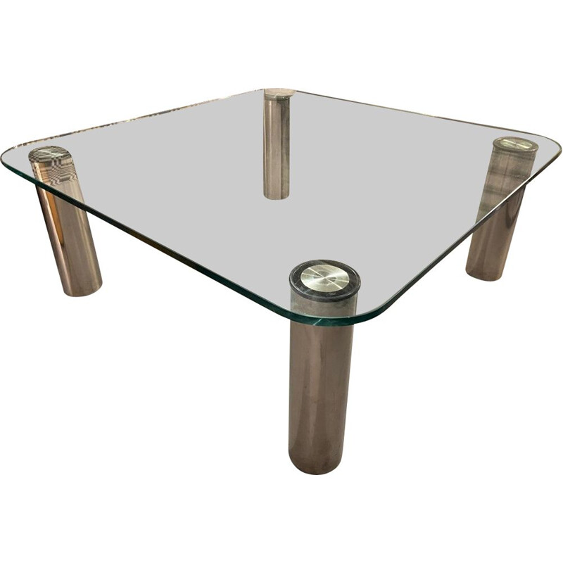 Vintage coffee table in glass and chrome steel by Marco Zanuso for Zanotta, 1970