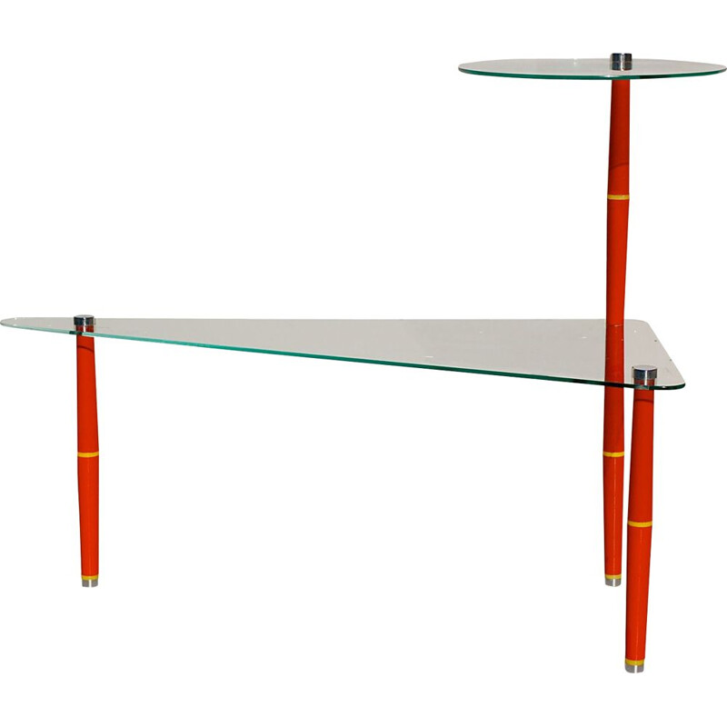 Vintage triangular glass shelf with red feet, Italy 1950