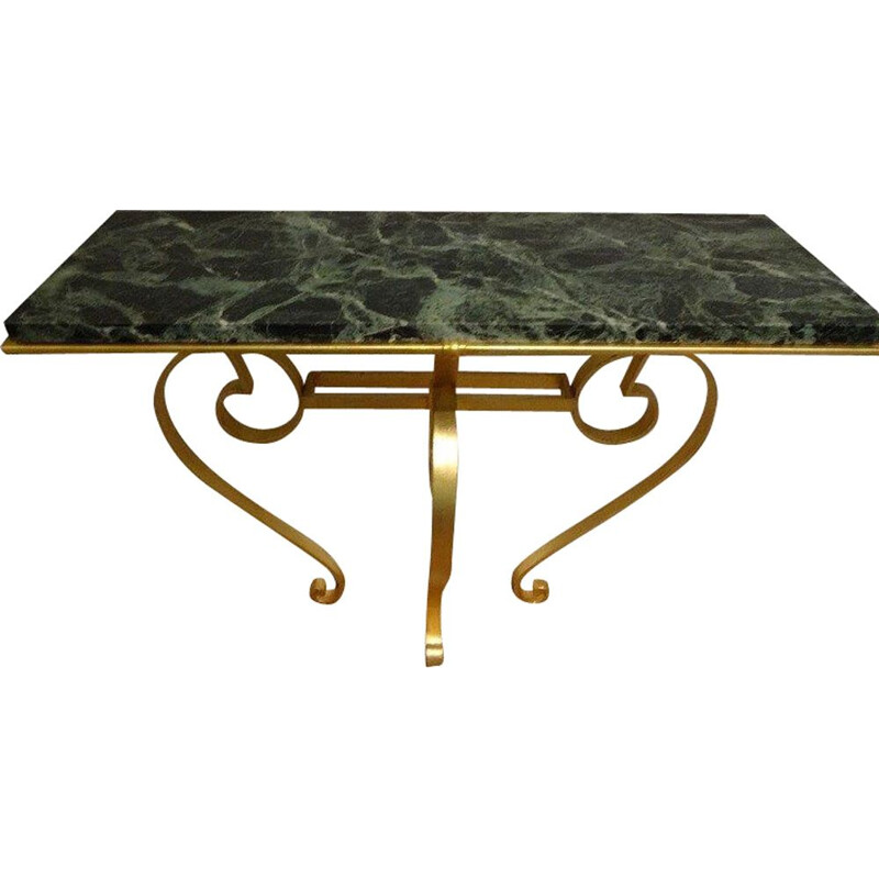 Vintage green marble and gilded wrought iron console, 1950