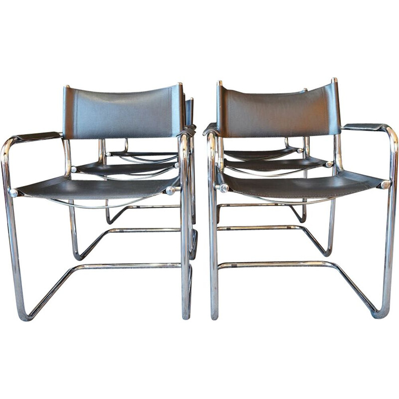 Ensemble de 6 chaises cantilever Bauhaus vintage en cuir et acier par Mart Stam