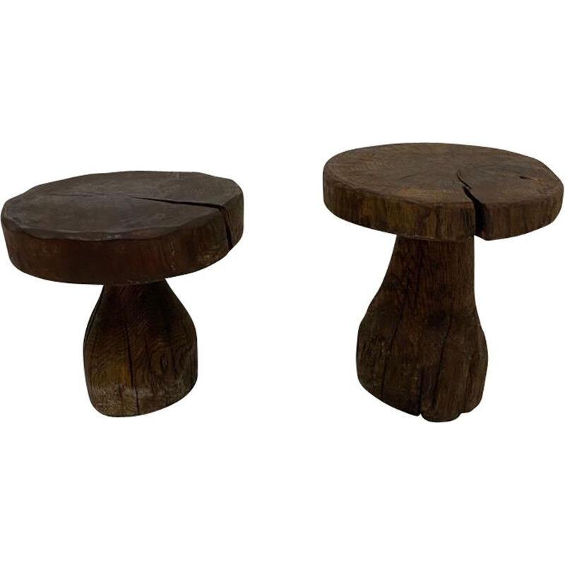 Pair of vintage Brutalist stools in solid oakwood