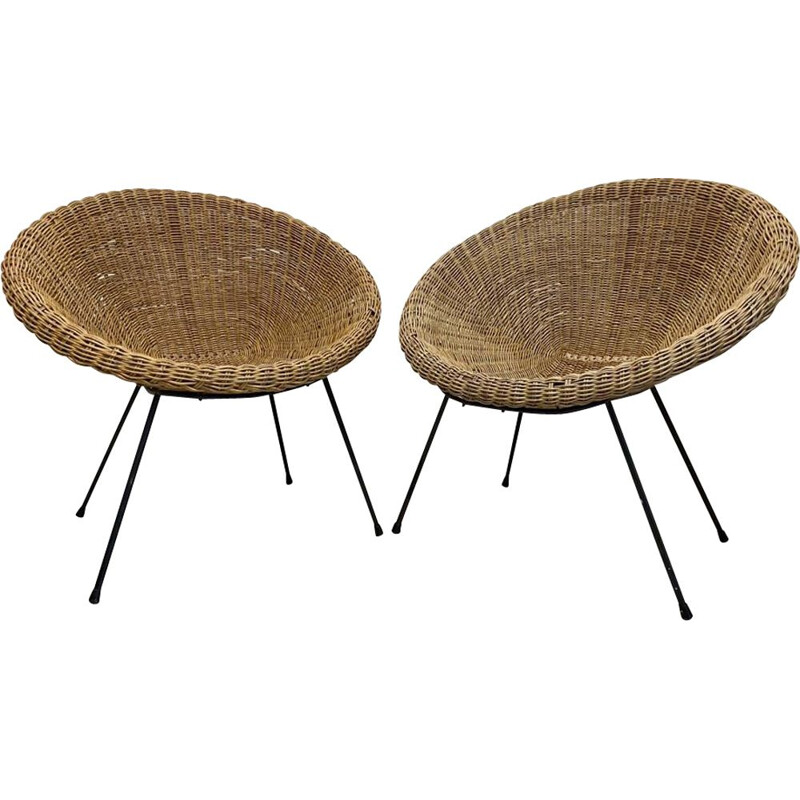 Pair of vintage wicker and bamboo basket armcchairs