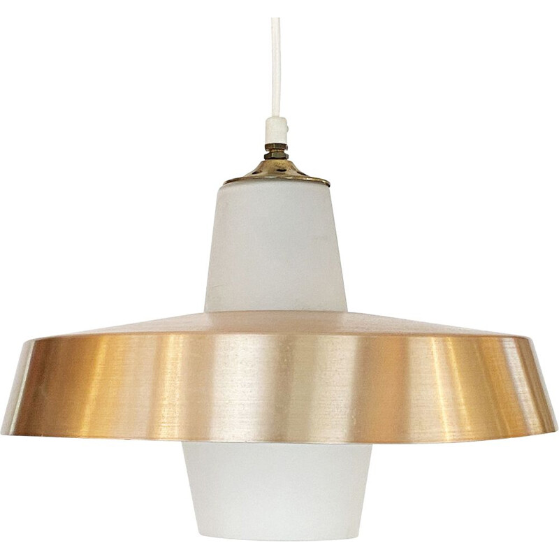 Vintage pendant lamp in opaline glass with aluminum shade, Sweden 1960s