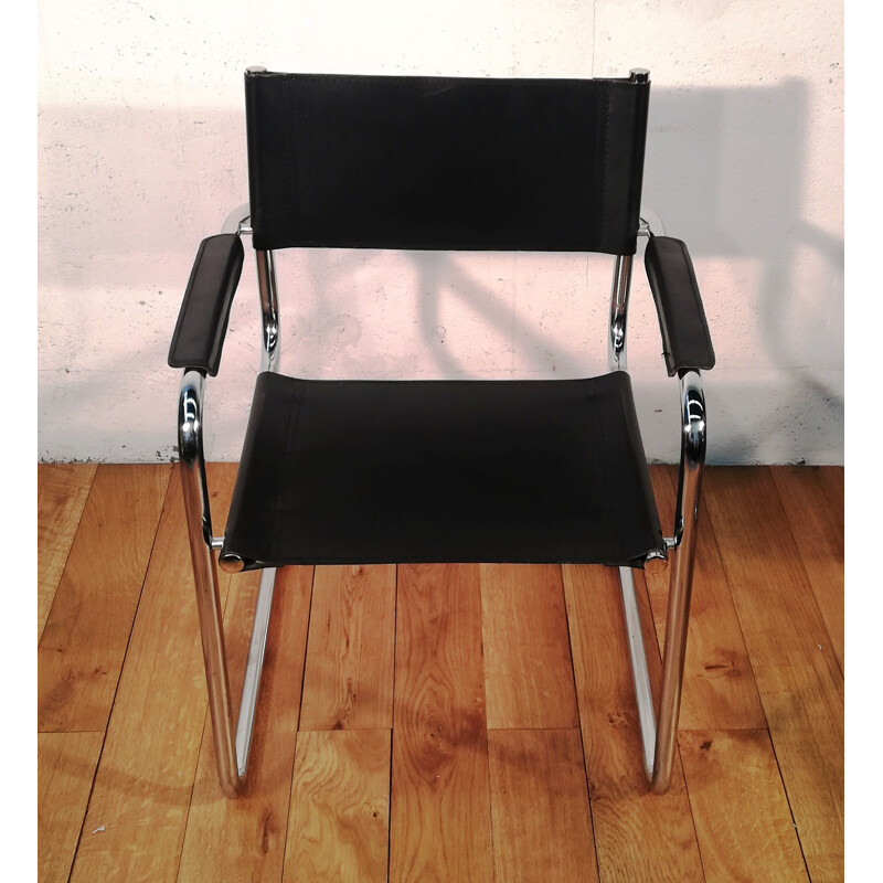 Black leather and aluminium vintage armchair