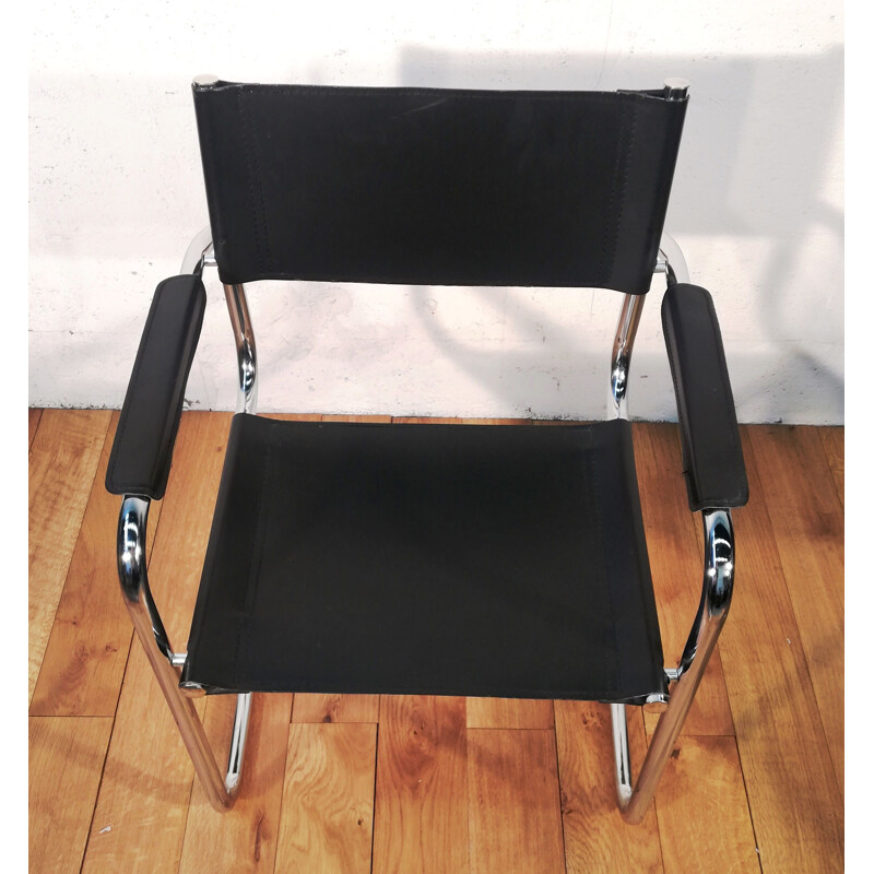 Black leather and aluminium vintage armchair