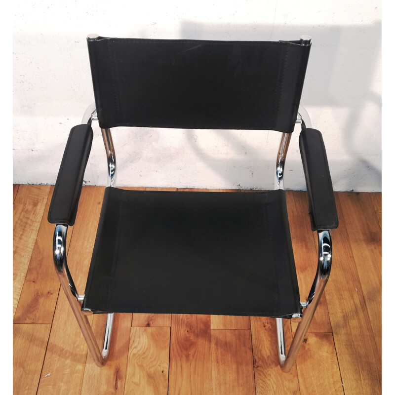 Zwart leder en aluminium vintage fauteuil