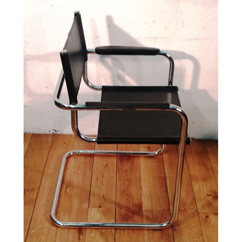 Black leather and aluminium vintage armchair