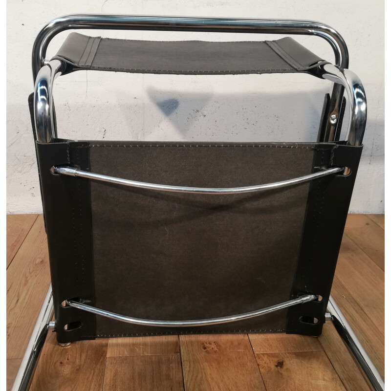 Zwart leder en aluminium vintage fauteuil