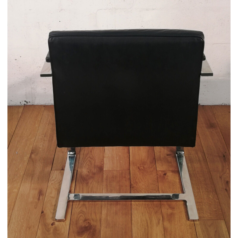 Vintage fauteuil in chroomstaal en zwart leer