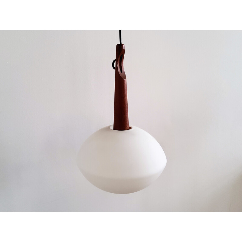 Vintage teak and opal glass suspension by Uno and Östen Kristiansson for Luxus, Sweden 1950