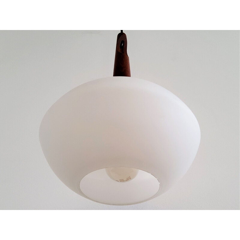 Vintage teak and opal glass suspension by Uno and Östen Kristiansson for Luxus, Sweden 1950