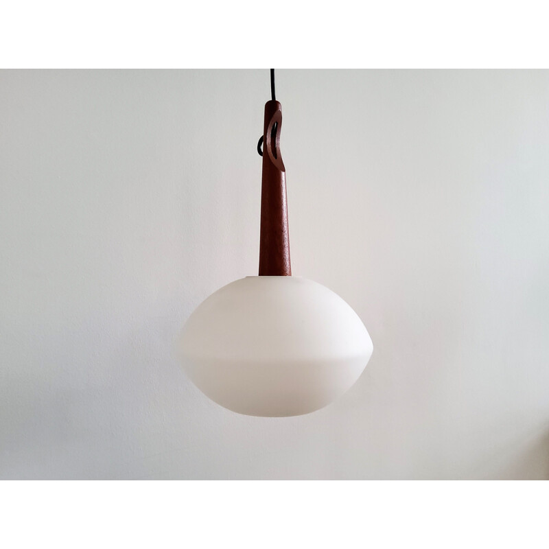 Vintage teak and opal glass suspension by Uno and Östen Kristiansson for Luxus, Sweden 1950