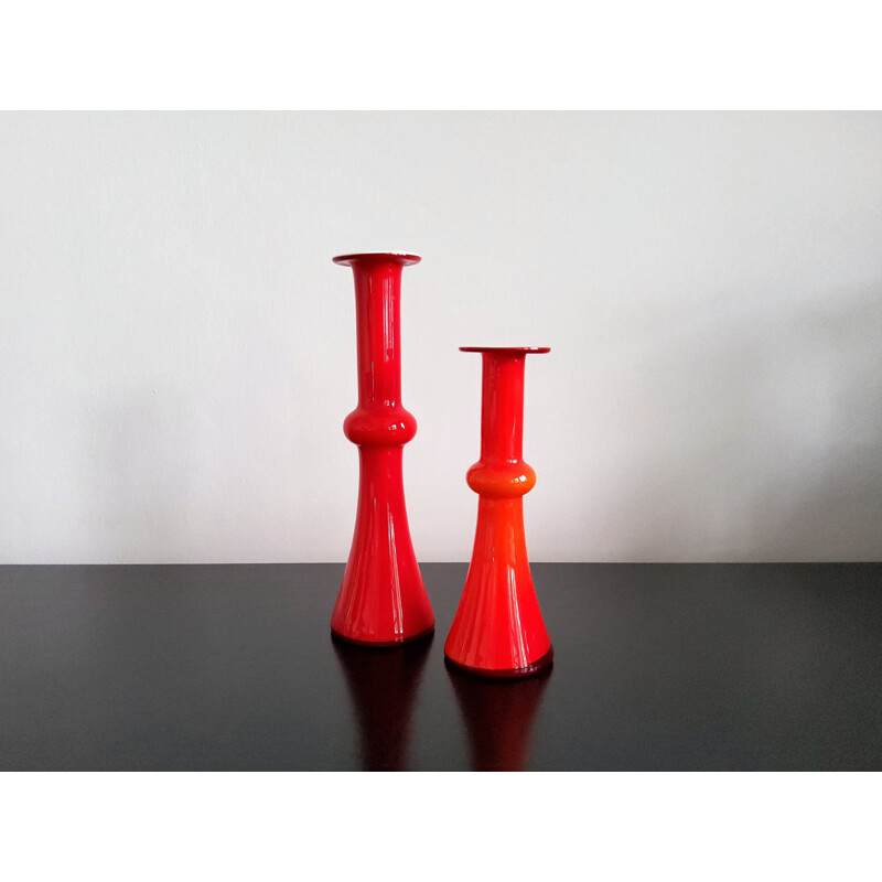 Set of 4 vintage red glass vases by Per Lütken for Holmegaard, Denmark 1960