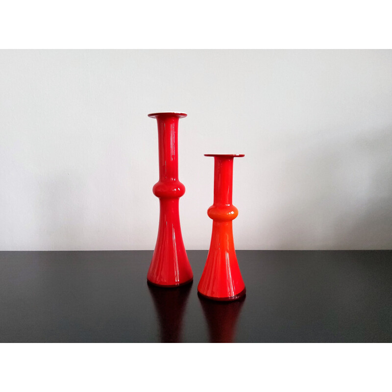 Set van 4 vintage rode glazen vazen van Per Lütken voor Holmegaard, Denemarken 1960