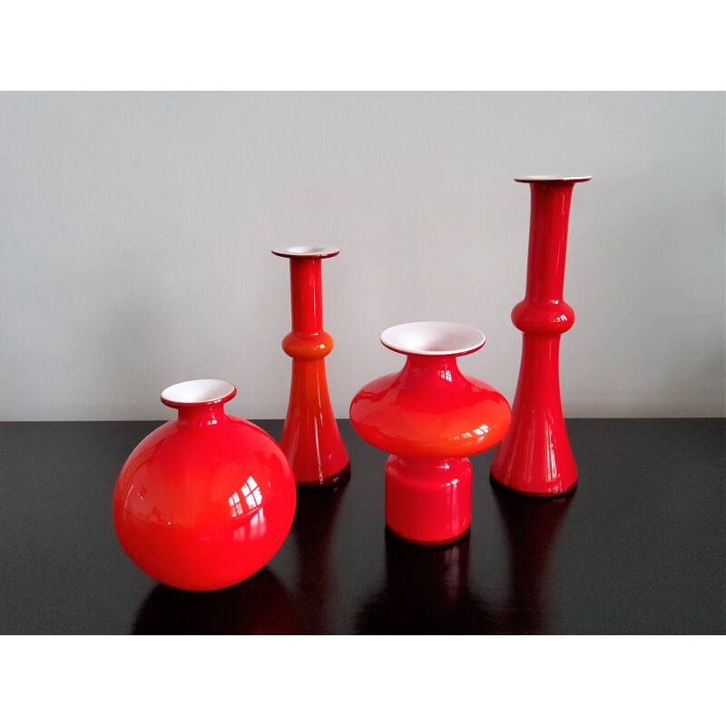 Set of 4 vintage red glass vases by Per Lütken for Holmegaard, Denmark 1960