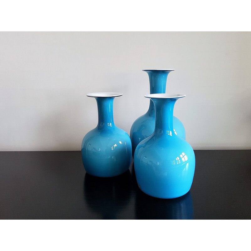 Set of 3 vintage opal blue glass carnaby vases by Per Lütken for Holmegaard, Denmark 1960