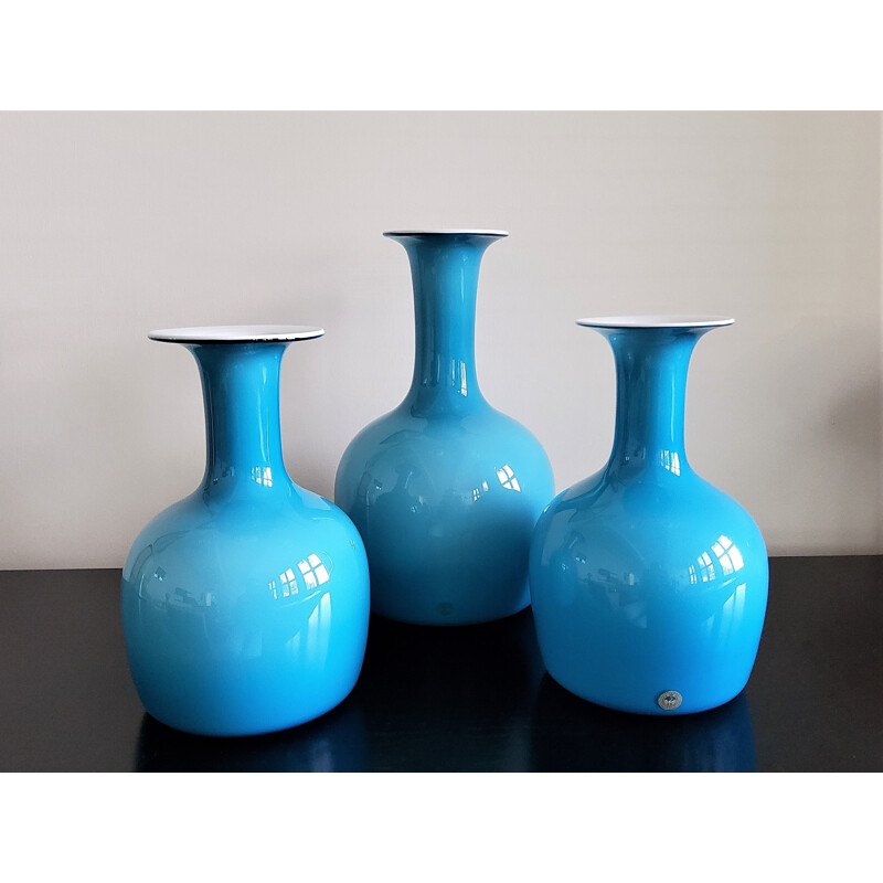 Set of 3 vintage opal blue glass carnaby vases by Per Lütken for Holmegaard, Denmark 1960