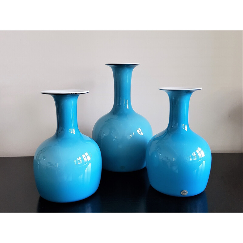 Set van 3 vintage opaalblauwe glazen carnaby vazen van Per Lütken voor Holmegaard, Denemarken 1960