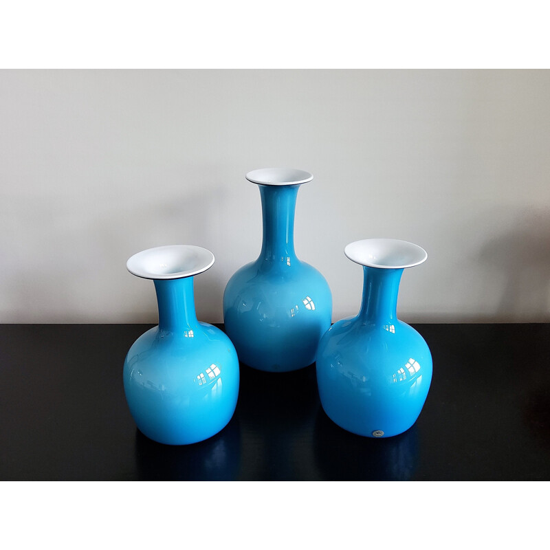 Set of 3 vintage opal blue glass carnaby vases by Per Lütken for Holmegaard, Denmark 1960