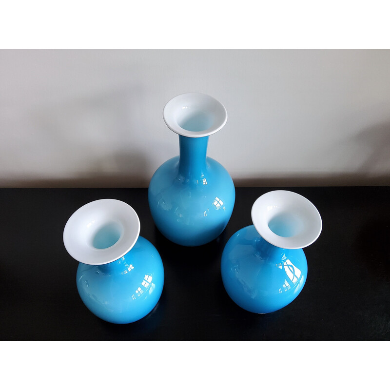 Set of 3 vintage opal blue glass carnaby vases by Per Lütken for Holmegaard, Denmark 1960