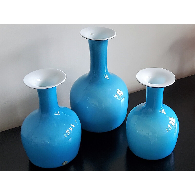 Set of 3 vintage opal blue glass carnaby vases by Per Lütken for Holmegaard, Denmark 1960