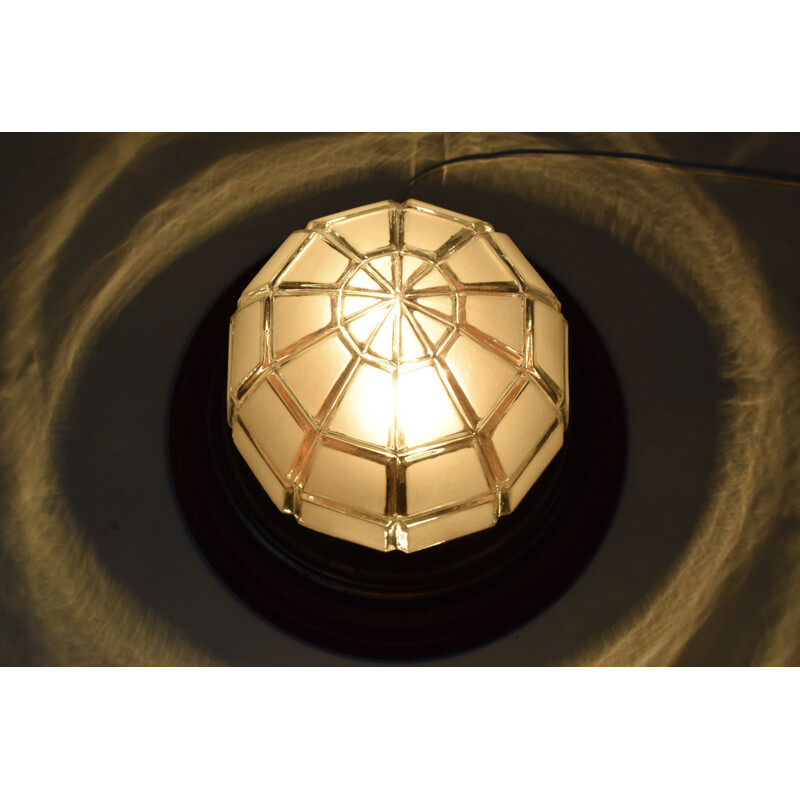 Vintage art deco ceiling light in glass and brass, Czech 1920