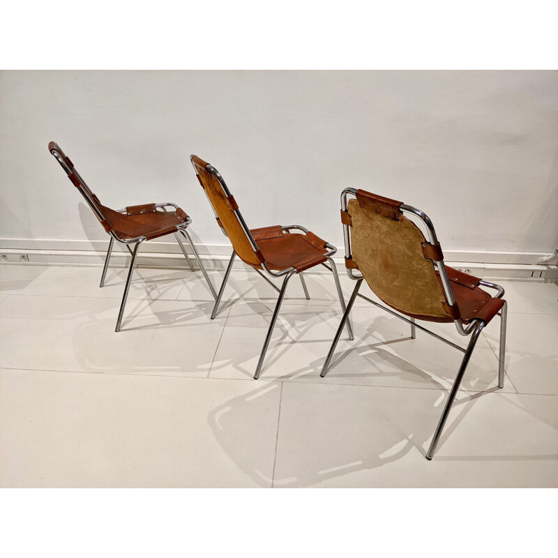 Lot de 6 chaises vintage en cuir de peau de vache par Charlotte Perriand pour Les Arcs