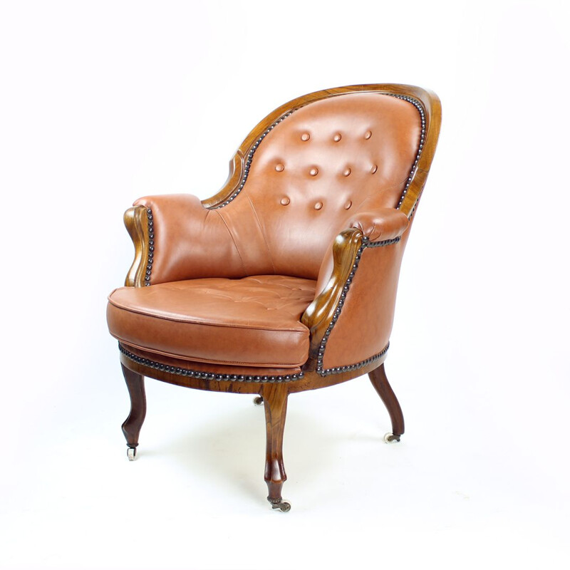 Vintage cognac leather and walnut armchair, Czechoslovakia 1940s