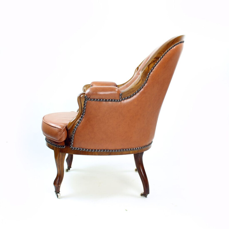 Fauteuil vintage en cuir cognac et noyer, Tchécoslovaquie 1940