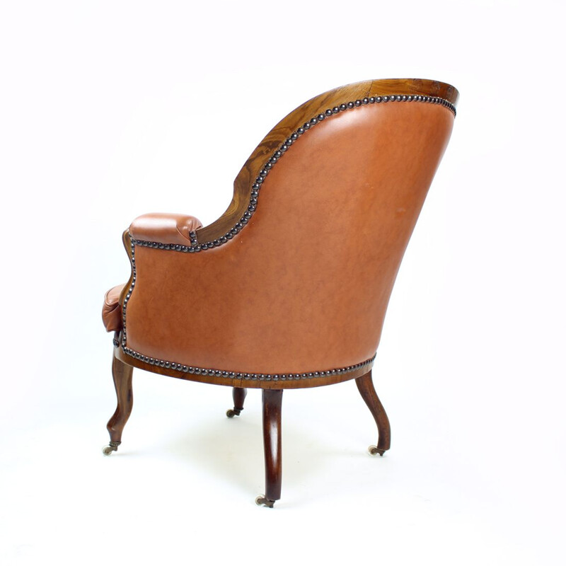 Vintage cognac leather and walnut armchair, Czechoslovakia 1940s