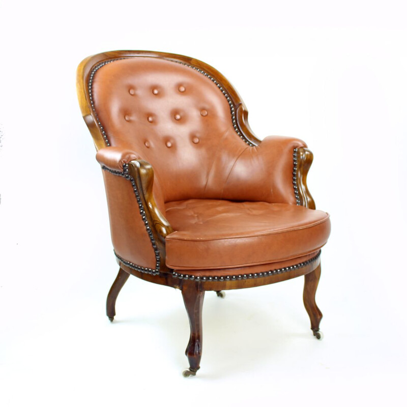 Vintage-Sessel aus cognacfarbenem Leder und Walnussholz, Tschechoslowakei 1940