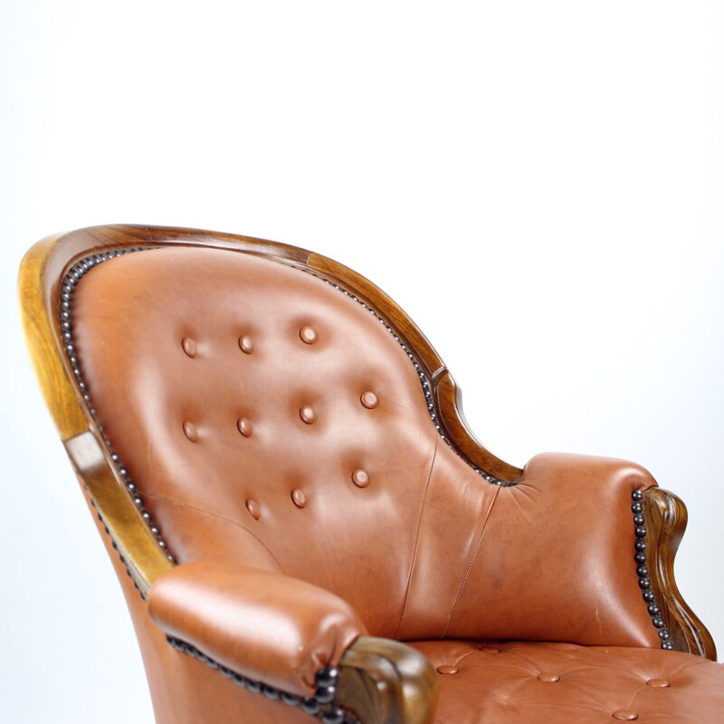 Fauteuil vintage en cuir cognac et noyer, Tchécoslovaquie 1940