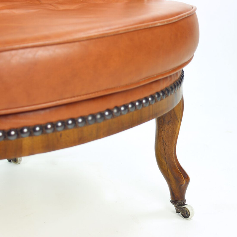 Vintage cognac leather and walnut armchair, Czechoslovakia 1940s