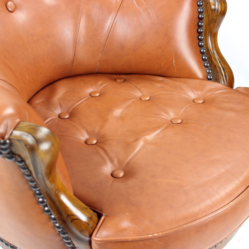 Vintage cognac leather and walnut armchair, Czechoslovakia 1940s