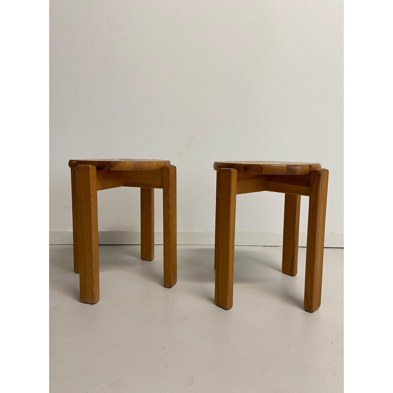 Pair of vintage stools in solid pine, Sweden 1970