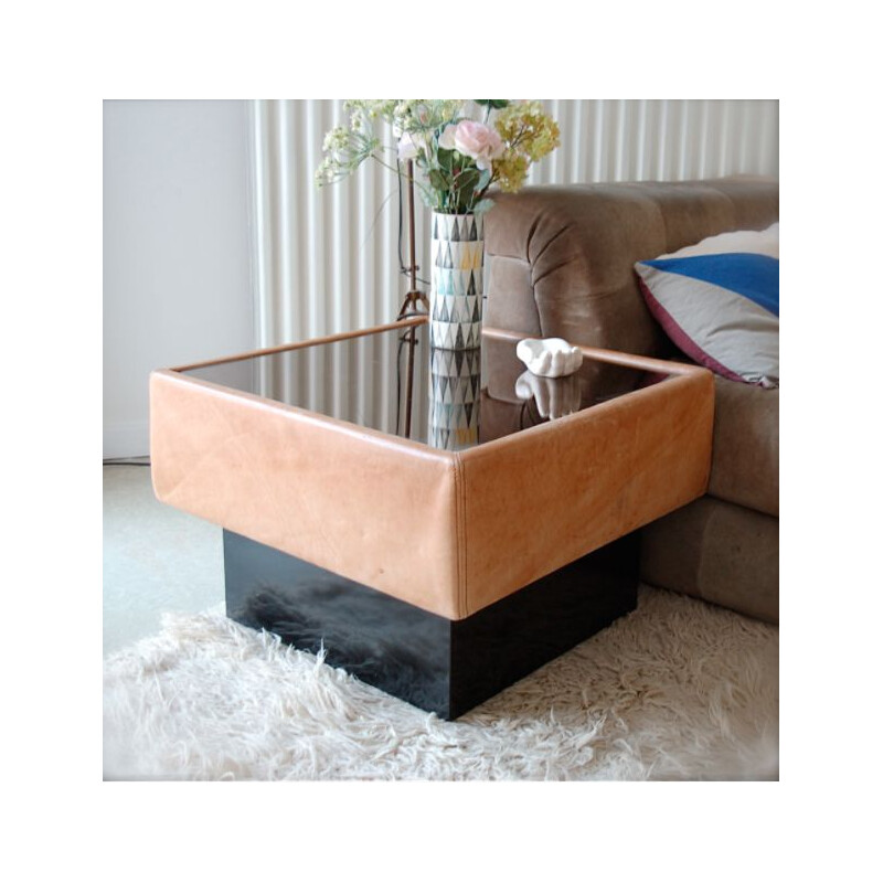 Square vintage coffee table in leather and glass by De Sede, 1970s