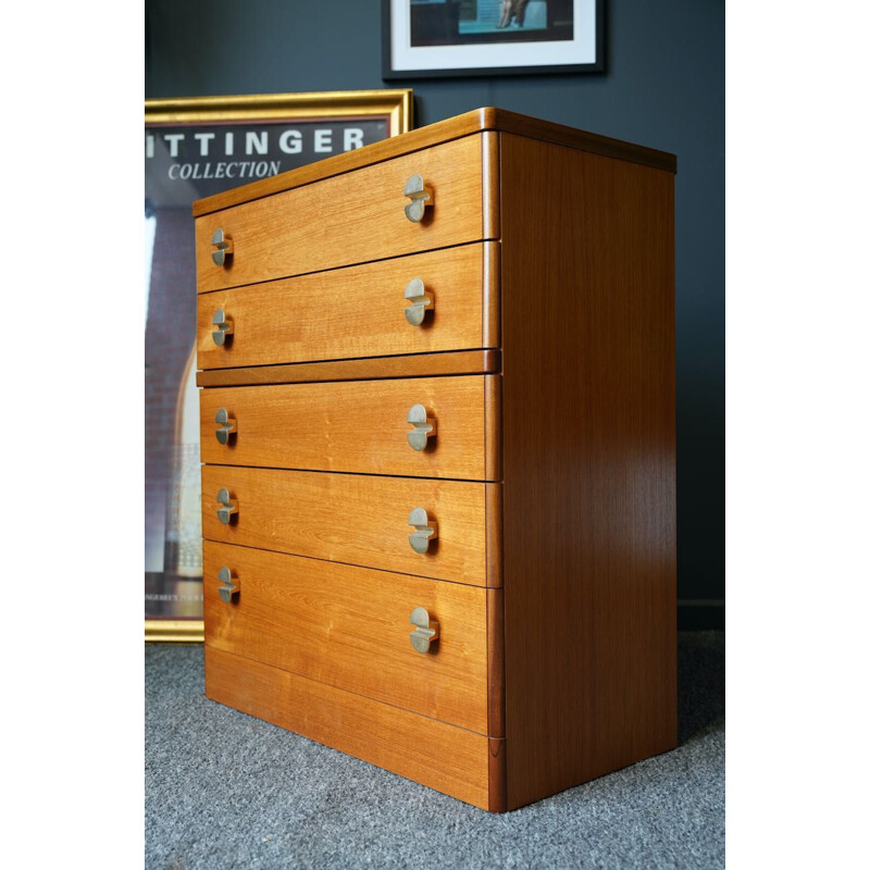 Mid century teak chest of five drawers