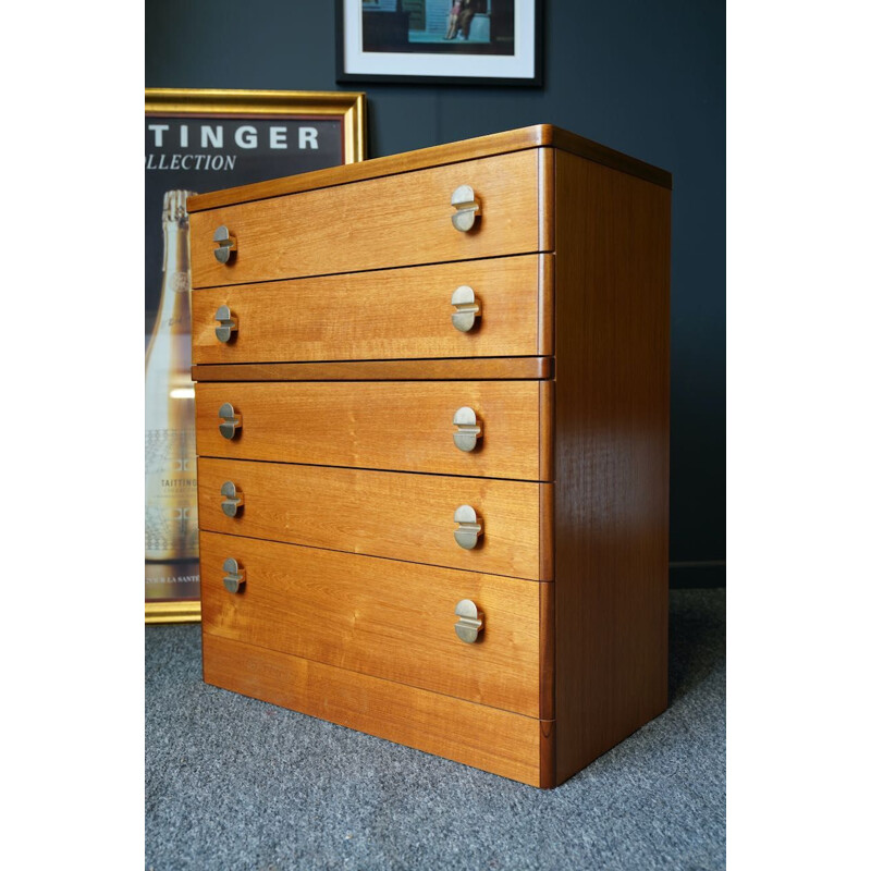Mid century teak chest of five drawers